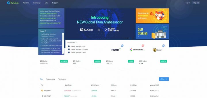 Первая страница криптовалютной биржи Kukoin